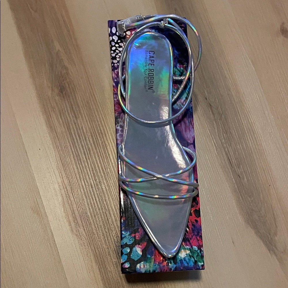 Cape Robbin Iridescent Holographic Pointed Toe Ankle Wrap Flat